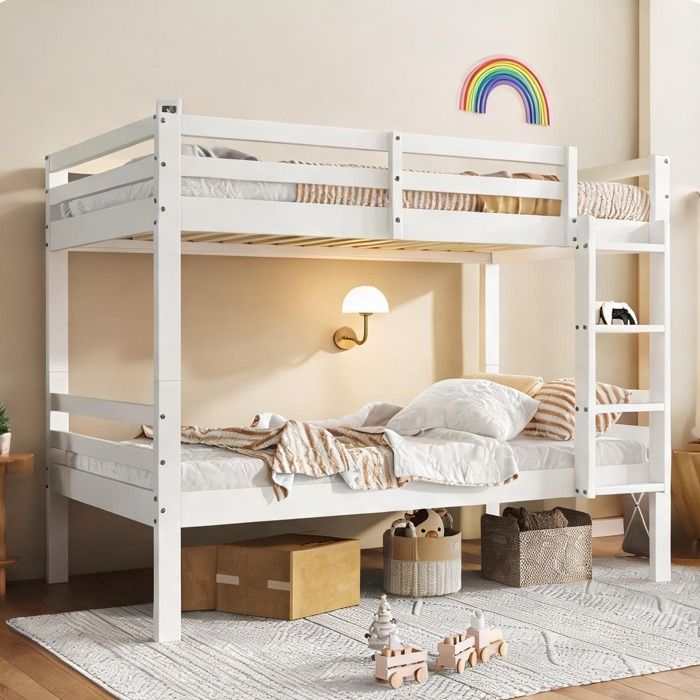 Lit superposé enfant en pin blanc avec échelle inclinée et barrière de sécurité – 2 x 90x200 cm