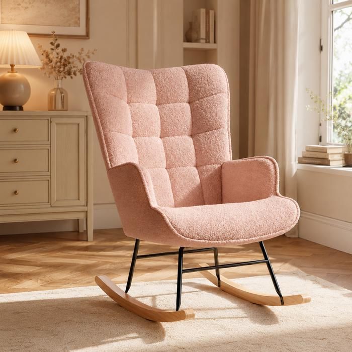Fauteuil à Bascule Rocking Chair Dossier Haut Fauteuil à Oreilles Pieds en Métal et Bois Massif Teddy Plush Rose