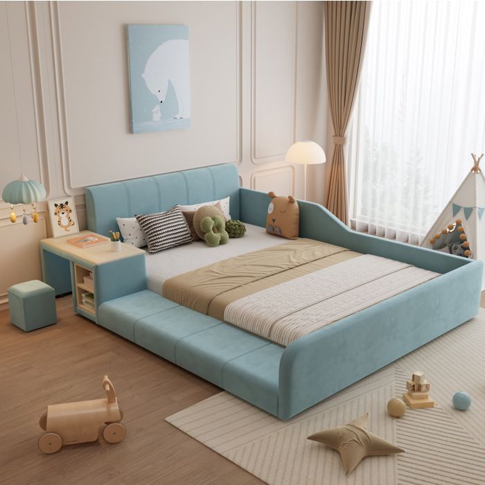COVREO Lit combiné enfant 140x200 cm avec bureau latéral tabouret rangement et velours bleu