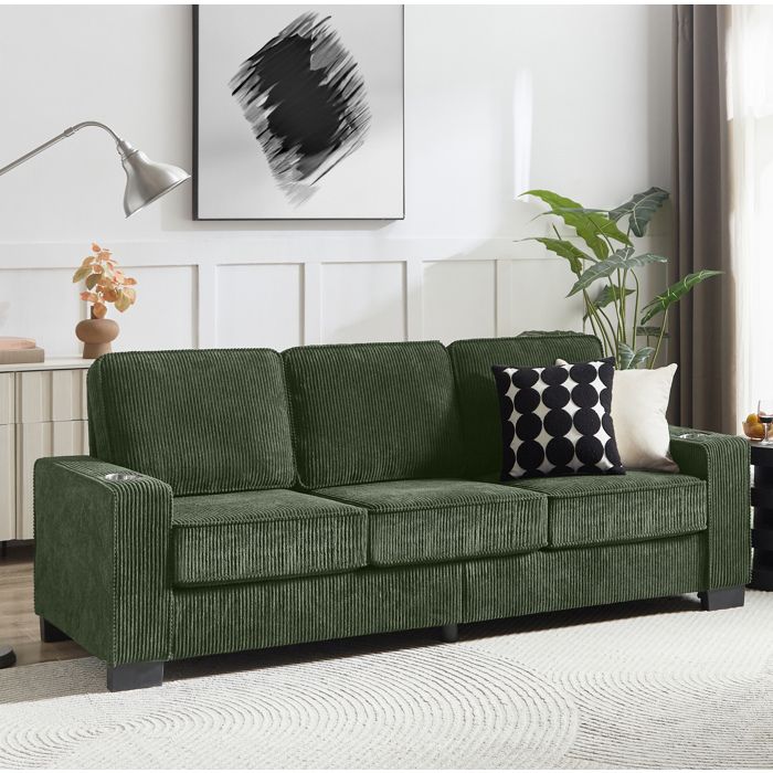 Canapé fixe 3 places vert olive en velours côtelé 206 cm accoudoirs avec porte-gobelets