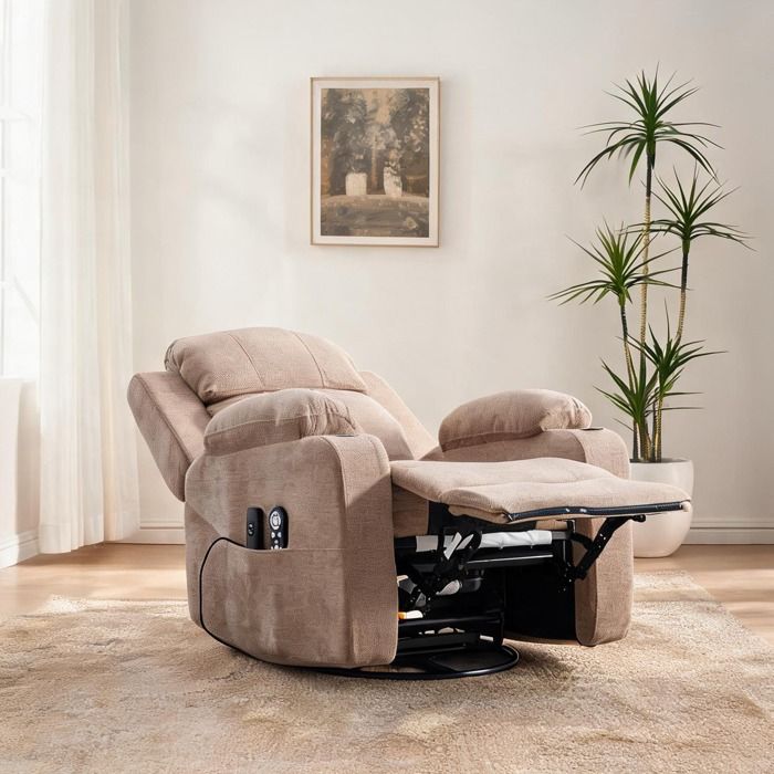 Fauteuil massant électrique en chenille beige pivotant 360° chauffant avec repose-jambes motorisé et rangements latéraux