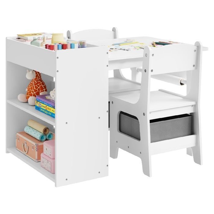 WOLTU Table et 2 Chaises pour Enfants Table Dessin avec Étagère Porte-Rouleau de Papier Boîte de Rangement Blanc