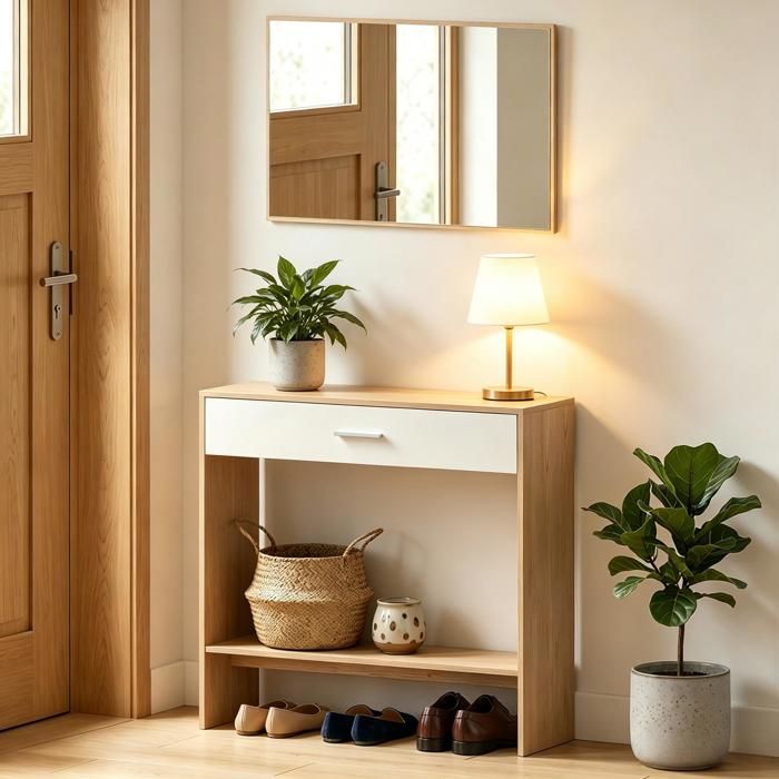 Table console avec miroir - Naturel - MDF - 91 5x27 9x85 cm - Miroir 80x50 cm - Tiroir 84x23x10 cm