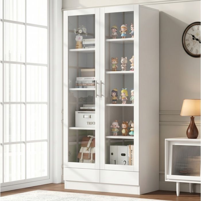 MEUBLIV Armoire de bureau vitrée blanche avec 2 tiroirs meuble haut de rangement en MDF et verre 80 x 40 x 160 cm