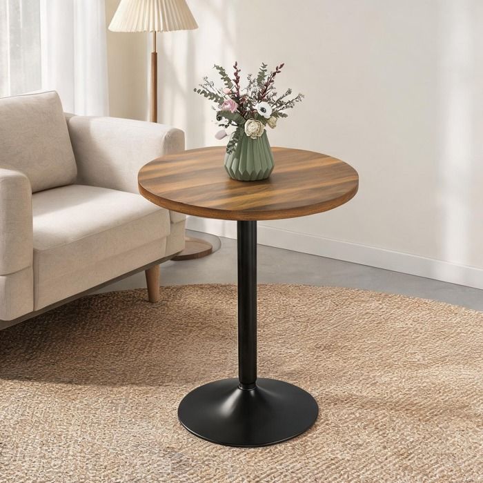 Table haute ronde 60 cm en panneau de particules finition noyer base métal noir pour 2 personnes