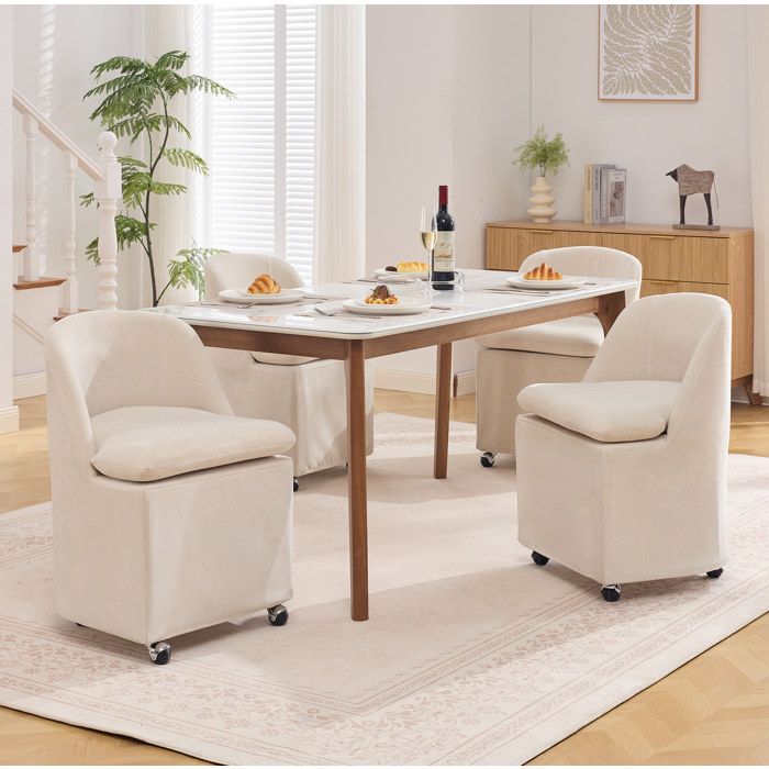 Chaise de salle à manger lot de 2 à roulettes 360° et housse amovible - MODENVIE - chenille bois métal beige