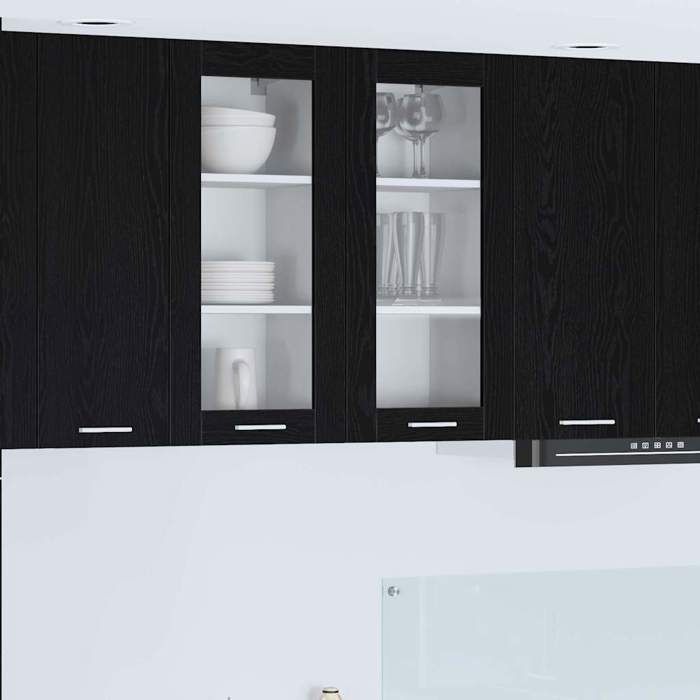 vidaXL Armoire Suspendue 2 Pc Chêne Noir en Bois dingénierie avec porte vitrée pour exposer la vaisselle 1 porte et 3 étagères 889