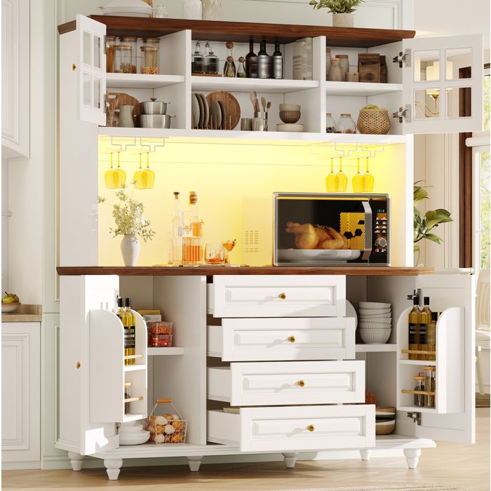 Buffet de cuisine highboard 140 x 40 x 179 5 cm avec LED RGB 4 tiroirs étagères réglables et porte-verres