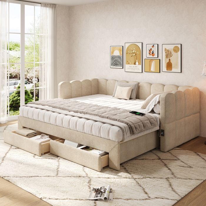 Lit banquette extensible 90x190 à 180x190 cm Canapé-lit 2 tiroirs de rangement USB/USB-C sommier à lattes tissu chenille Beige