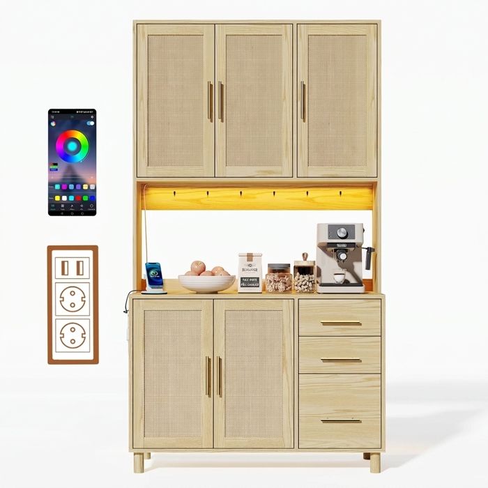 Buffet de cuisine 183cm avec LED 2 Prises & 2 USB. Meuble salle à manger 3 tiroirs poignées dorées étagères réglables.