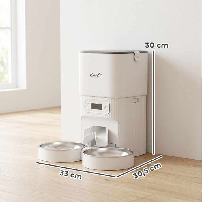 Distributeur automatique de nourriture pour chat – minuterie double gamelle en acier inoxydable 4 L blanc