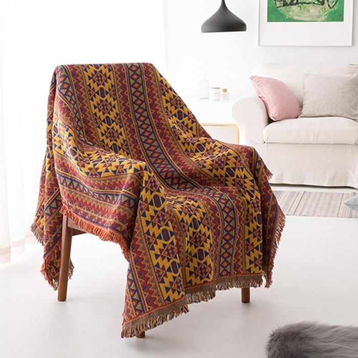 Plaid Coton Bohème 180x230cm Double Face avec Franges Jeté Canapé Motif Géométrique Ethnique Couvre-Lit Décoratif COUVERTURE