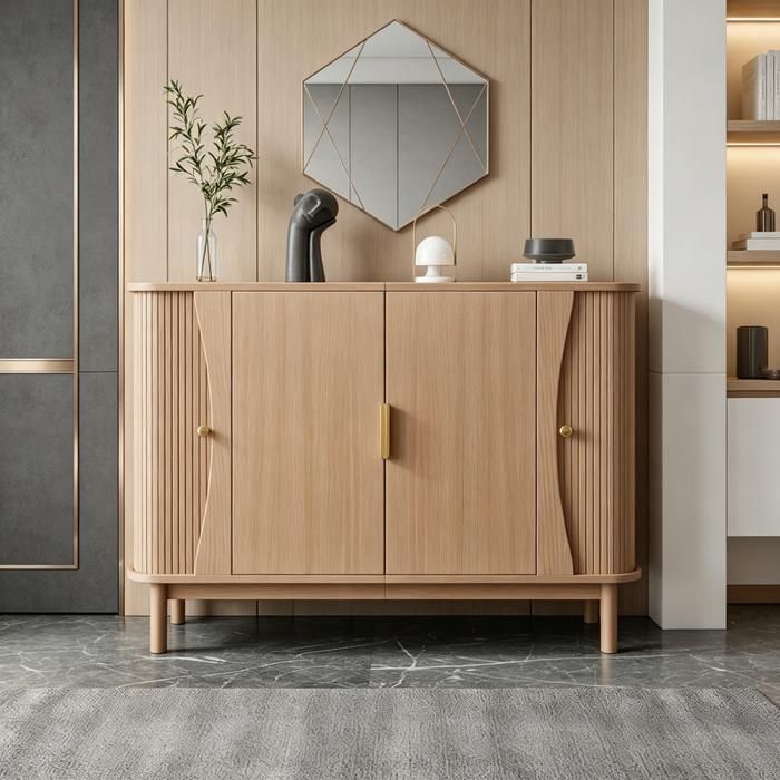 Buffet bois naturel 140 cm meuble de rangement salon avec portes coulissantes à lattes bahut bords arrondis en MDF noyer