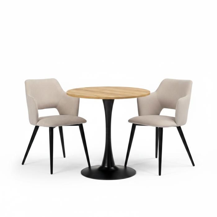 MEUBLES COSY Ensemble de salle à manger de style scandinave composé dune table ronde en chêne et de 2 fauteuils en tissu beige