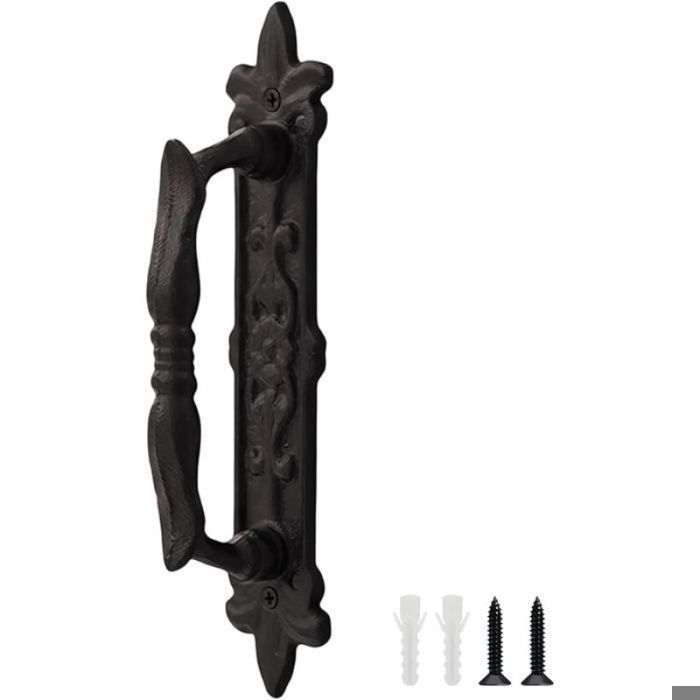 Poignée de porte coulissante en fer forgé 235 mm - hauteur 60 mm - finition noire vintage - vis incluses - pour porte de grange