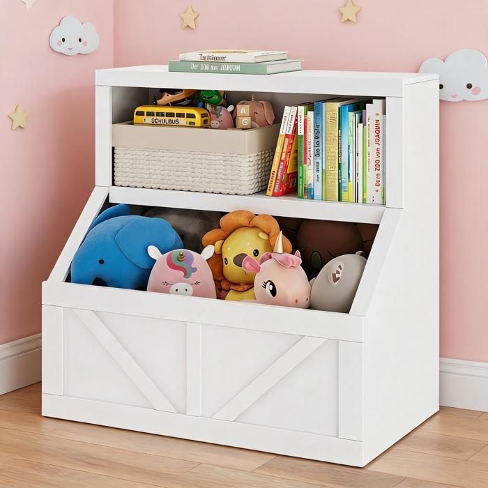 JoyGarden Meuble enfant 2-en-1 coffre à jouets et bibliothèque rangement 2 niveaux casiers spacieux anti-basculement Blanc