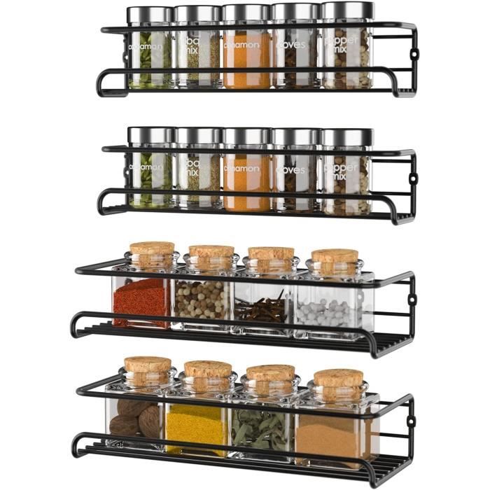 QIWODE Set De 2 Étagères à Epices En Métal, Rangement Epices Robuste, Lot De 2 Porte Epice Pour Epices Pots Accessoire Organisateur Cuisine Placard