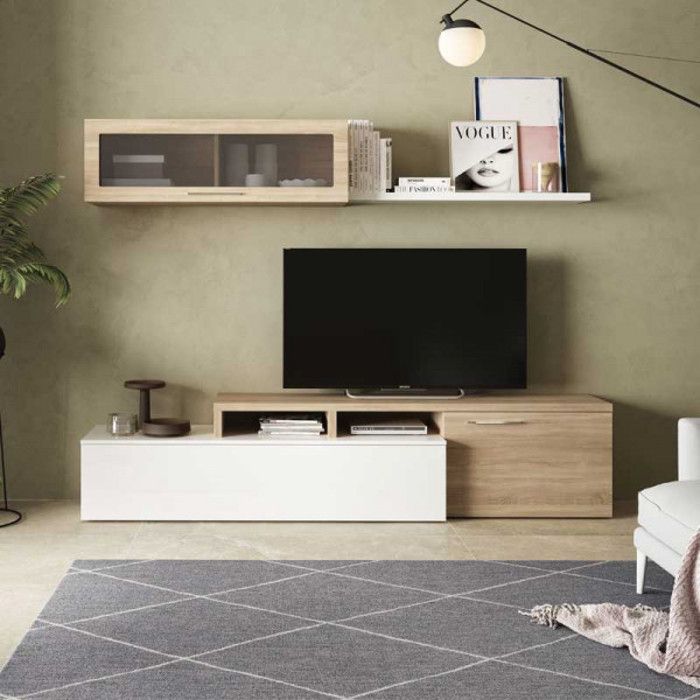 meuble tv modulable en angle blanc/chêne - xuns - bois clair - bois - banc tv : l 200 x l 41 x h 44 cm- module supérieur : l 105 x