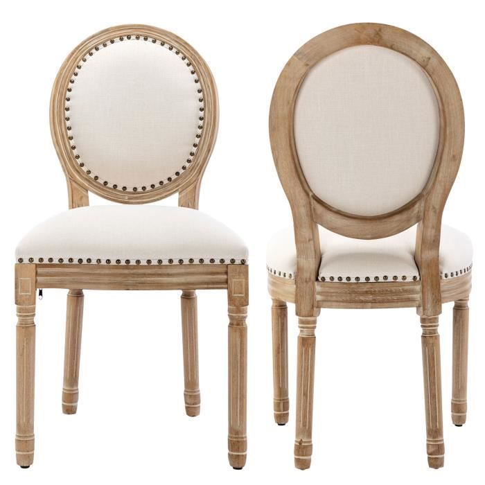 lot de 2 chaises de cuisine à décor de clous en cuivre, chaises rembourrées louis xvi à dossier rond,assises en lin,crème