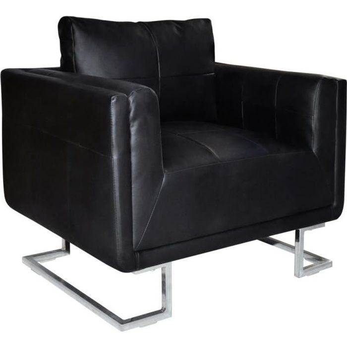 WON Fauteuil Cube avec Pieds chromés Cuir synthétique Chaise Meubles Fauteuil Cabriolet Salon Noir 85 5 x 63 x 74 cm