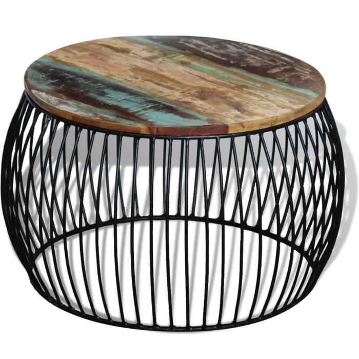 Table basse ronde 68 x 35 cm Bois de récupération massif - P12 - Vintage - Salon