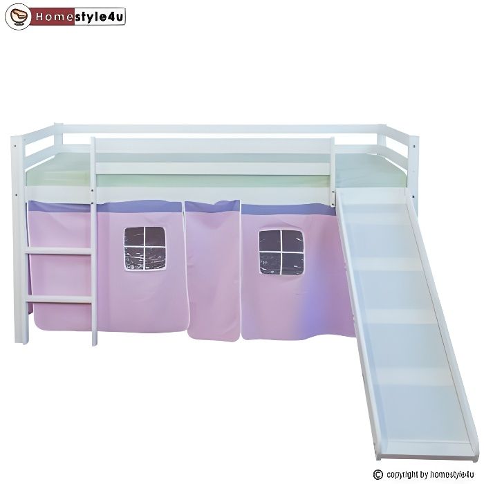 lit mezzanine enfant - homestyle4u - blanc - 90x200 cm - avec échelle et rideau rose - avec toboggan