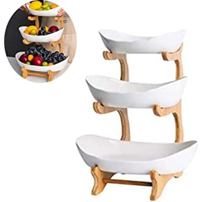 Marron Corbeille à Fruits en Céramique à 3 Etages avec Support en Bambou Naturel Bol de Fruits Etagere Assiette De Fruits Stockage de Légumes Paniers à Pain pour Salle Cuisine Soirée Mariage Banquet