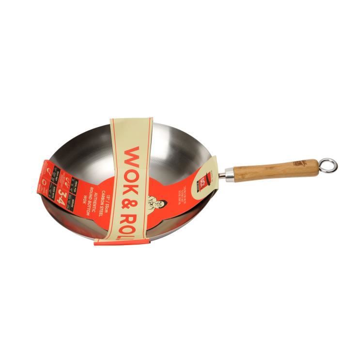 Wok En Acier Carbone 30 Cm | Fond Rond, Poignée En Hêtre | Pour 2-3 Personnes | Compatible Induction | School Of Wok