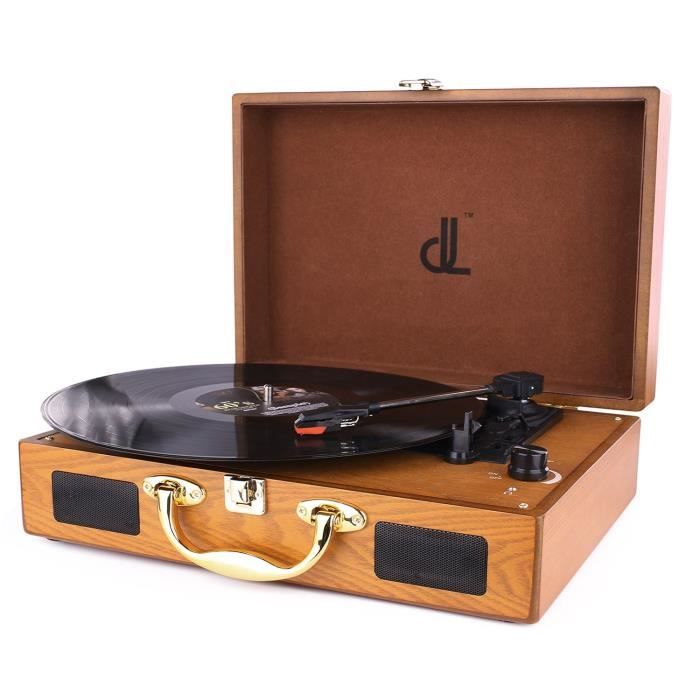 D&L Platine Vinyle 3 Vitesses 33/45/78 en Bois avec Haut-parleurs Stéréo Intégrés Sortie RCA Cuir PU Bleu 