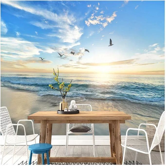 Tapisserie Murale Grande Taille Vague Mer Coucher De Soleil - Bleu Doré, Polyester, Neuve