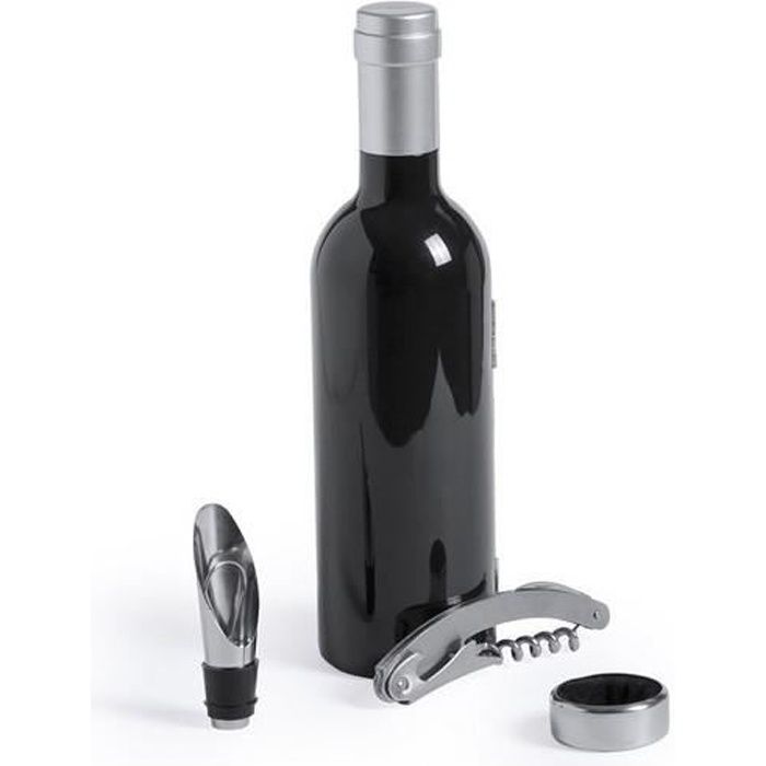 Coffret Accessoire Vin en forme de Bouteille de Vin noir Aimantée : Tire  Bouchon, Bec verseur et Bague anti gouttes