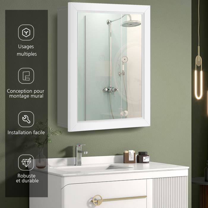 armoire murale salle de bain avec miroir costway - gris - réglable - 51 x 16 x 66,5 cm - blanc
