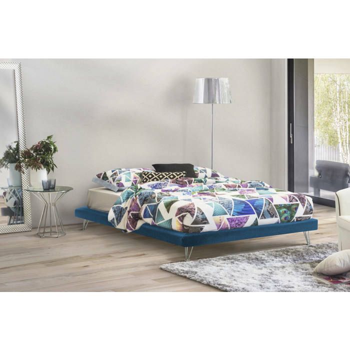 Dmora - Lit double Arbatrax 205x170xh32 cm Bleu Panneau effet bois et Polyester