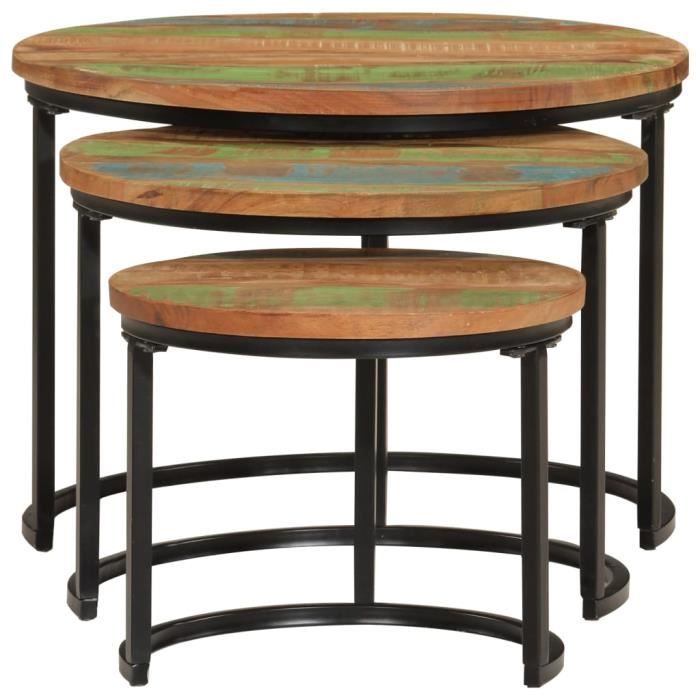 tables gigognes en bois de récupération massif - drfeify - 106976 - noir - rond - meuble de salon