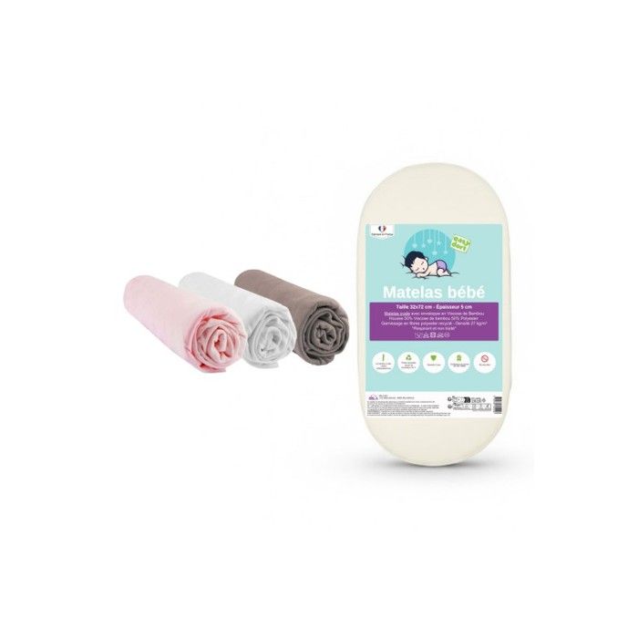 KIT PRATIQUE BEBE Matelas 32x72 Couffin Berceau Bébé Bambou + 3 Draps housse Bambou Couffin Fille Oeko-Tex Fabrication France UE