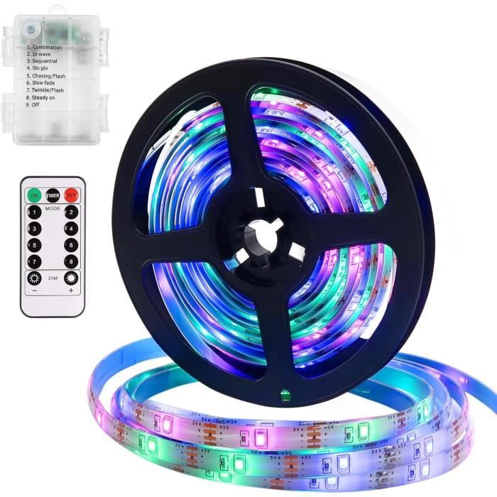 Ruban LED RGB 5m 5050 - 16 Couleurs, Télécommande - Alimentation USB Ou Piles - Étanche
