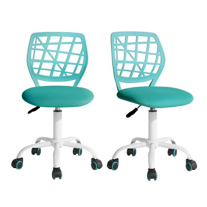 furniturer lot de 2 chaise de bureau adolescents pivotante réglable avec siège en tissu ergonomique, turquoise