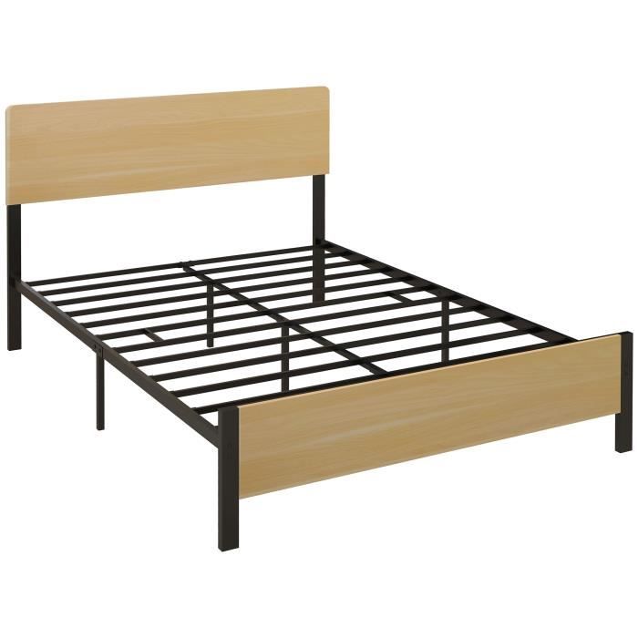 structure de lit homcom cadre de lit double en acier avec sommier et tête de lit compatible matelas 140 x 190 cm aspect bois foncé