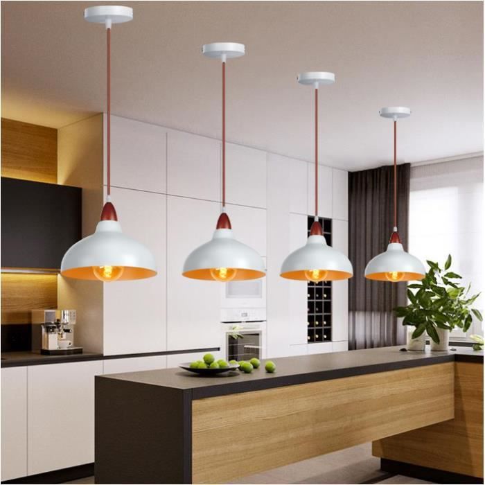 IDEGU Lot de 4 Lustre Industrielle avec Bois de noyer Lampe Luminaire Vintage Métal Style Edison pour Salon Chambre