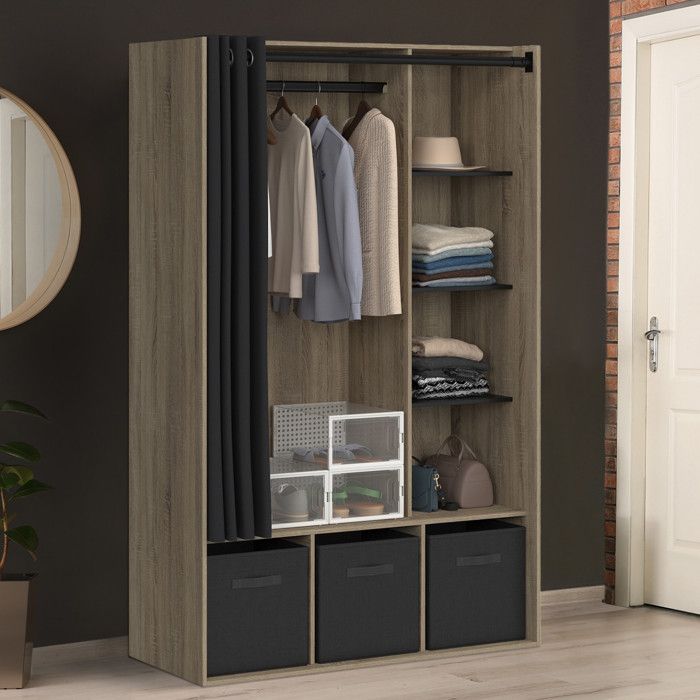 IDMARKET Dressing penderie DIANE 105 x 45 x 167 cm hêtre avec étagères + boites de rangement + rideau noir IDMARKET Dressing penderie DIANE 105 x 45 x 167 cm hêtre avec étagères + boites de rangement + rideau noir