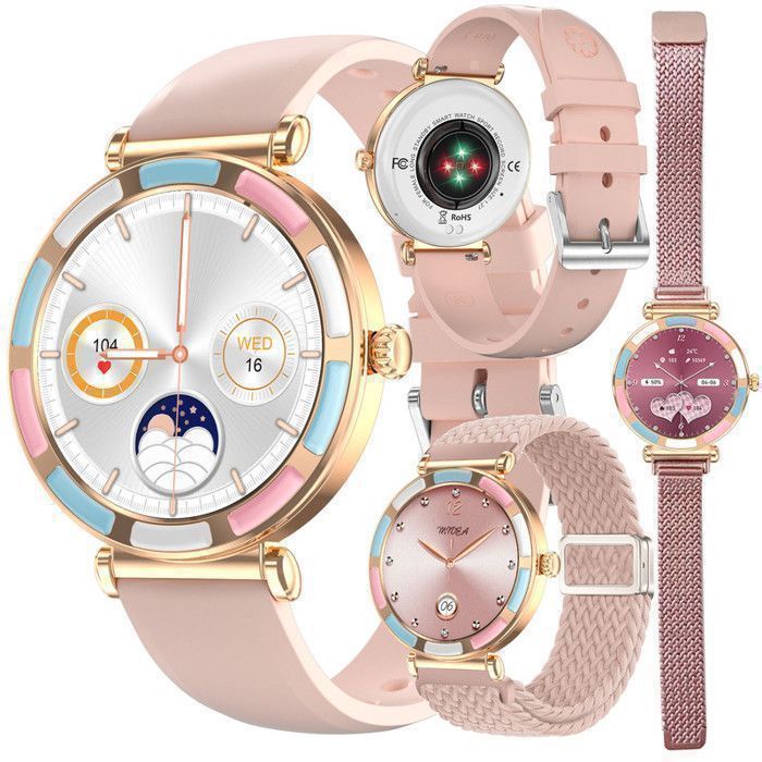 Montre Connectée Femme XTRADITECH Sport Alliage Diamanté Strass Multicolore Doré Rose Bleu Ronde 127 Dos Effet Céramique 3Bracelets