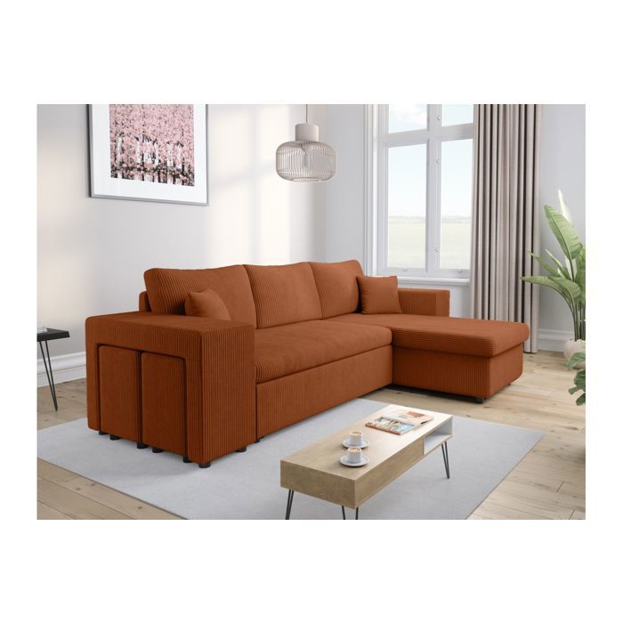 Canapé dangle réversible MADY avec coffre rangement poufs à gauche en velours côtelé terracotta - L254 x P146 x H81cm - LOUNGITUDE Canapé dangle réversible MADY avec coffre rangement poufs à gauche en velours côtelé terracotta - L254 x P146 x H81cm - LOUNGITUDE