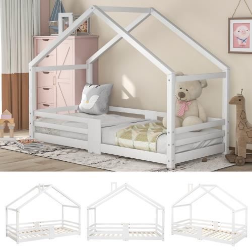 Lit cabane enfant Bois pin massif blanc avec Sommier et Barrière - Couleur Blanc - 90 x 200 cm Lit cabane enfant Bois pin massif blanc avec Sommier et Barrière - Couleur Blanc - 90 x 200 cm
