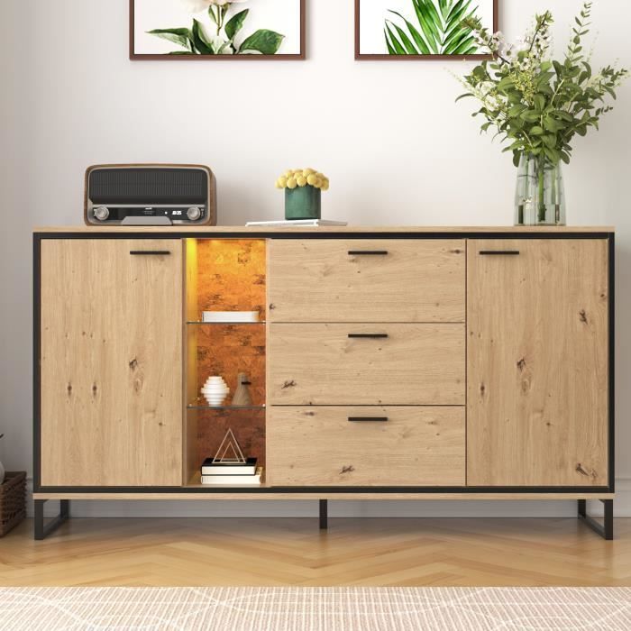 Buffet à 3 tiroirs avec 2 portes 4 compartiments de rangement Commode de maison- LED naturel+ blanc