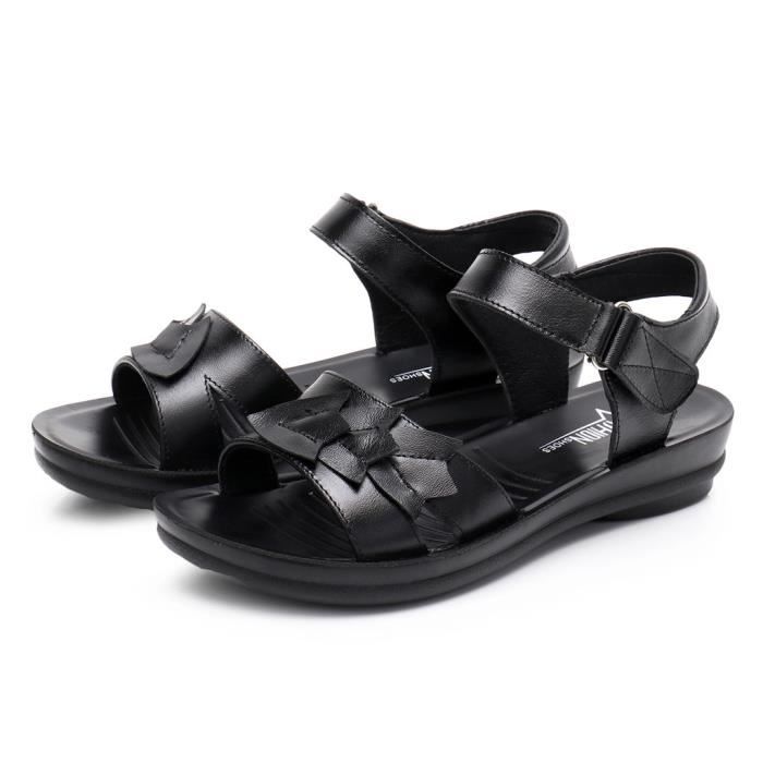 sandales plates cuir noir femme