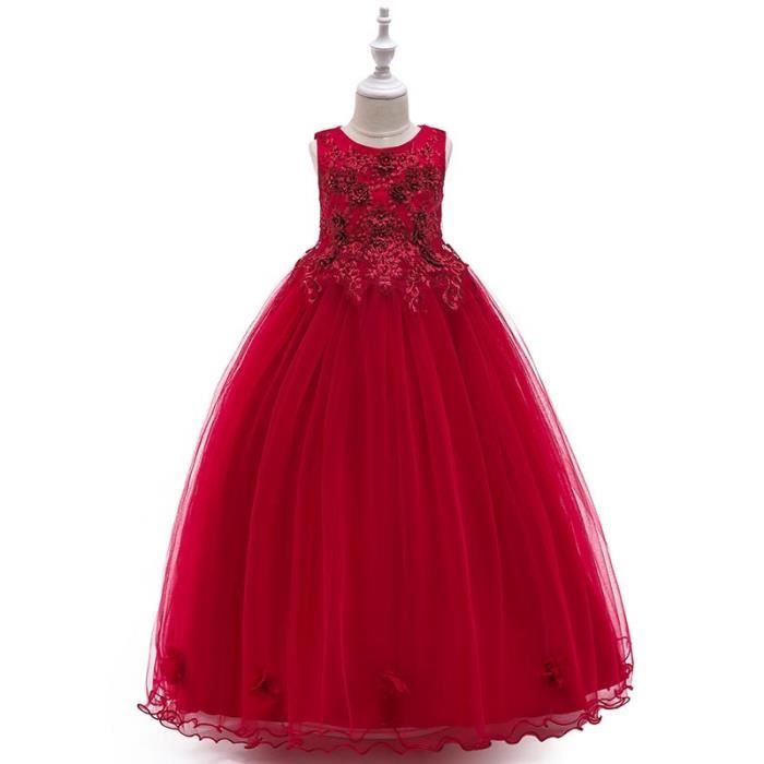 Robes Longue de Cérémonie Princesse Fille en Dentelle Sans Manches Robe  Brodée de Soirée Mariage 4-14 Ans Rouge - Main Image