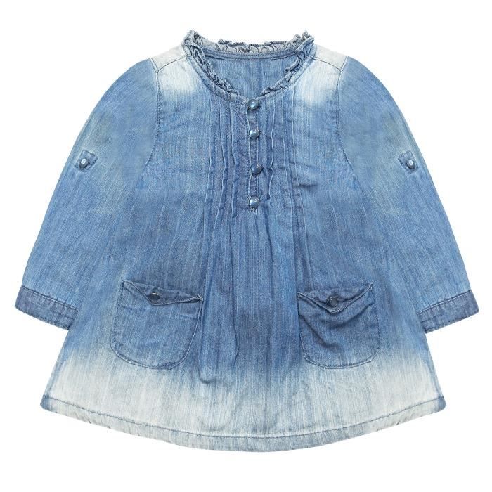 Robe Manteau En Jean Bébé Fille – Salopette Plissée Brodée Fleurs & Oiseaux, Denim Doux Réglable 6 Mois à 5 Ans