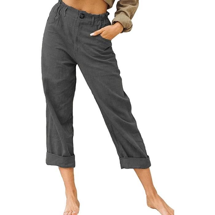 Pantalon Femme Décontracté Léger Grande Taille Élastique Ample Pantalon Femme Été Coton Casual Grands Pieds Poche Évasée Coton Lin Pantalon Élastique