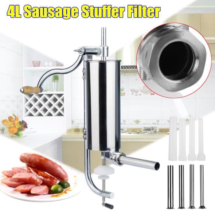 Poussoir à Saucisses Manuel WishesMar 5LB - Acier Inoxydable, 4 Tubes, Support Fixation, Vertical