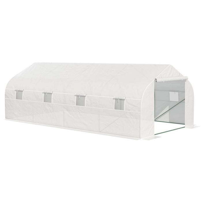 Outsunny Serre Tunnel de Jardin dim. 5,93L x 3l x 2H m Porte + 8 fenêtres enroulables Acier galvanisé bâche PE Haute densité Blanc